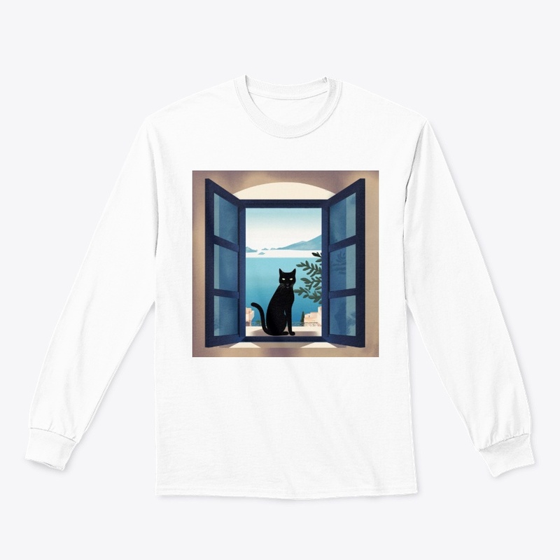 Cat In The Window Blue Sea Background