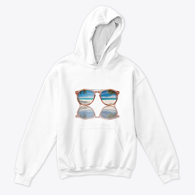 Sunglasses reflecting a beach scene 