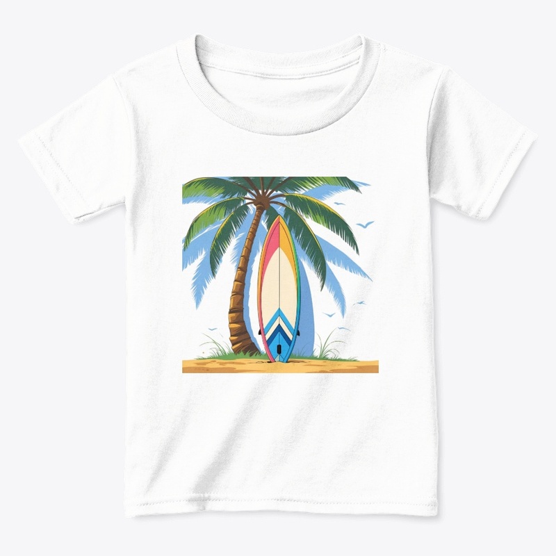 Surfboard leaning on a palm tree 