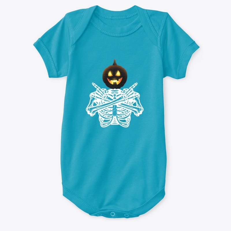 Funny Halloween Pumpkin Head On Skeleton