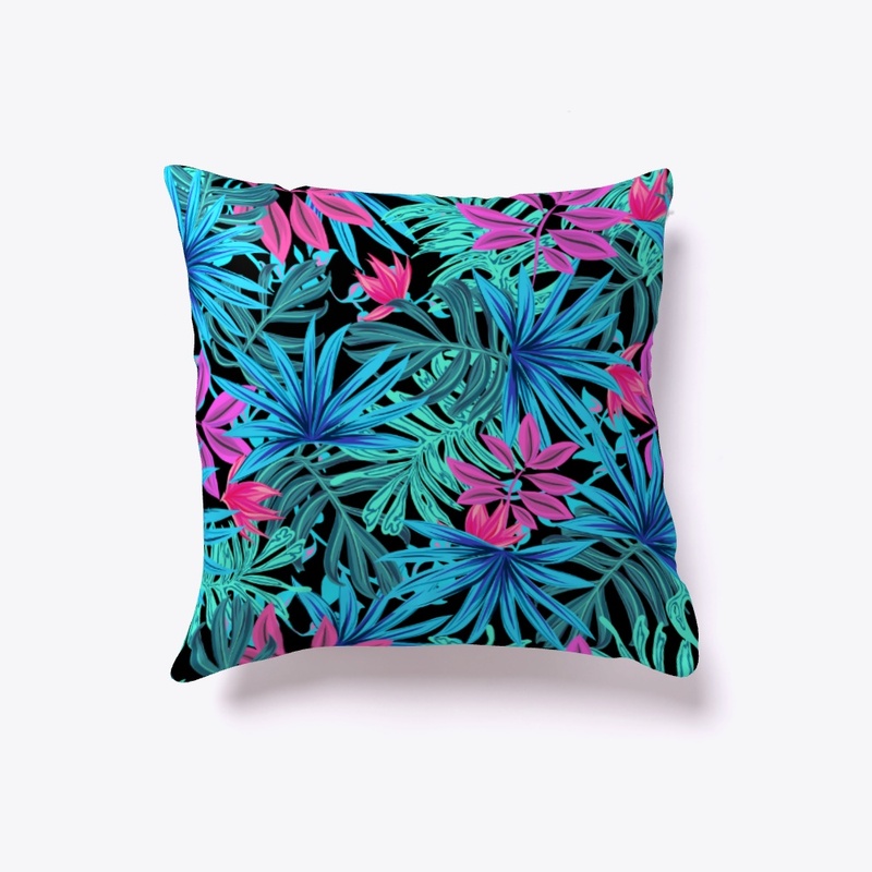 Hippie Floral Blue, Black & Pink Pillow