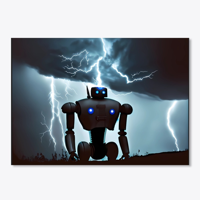 A robot under a lightning bolt