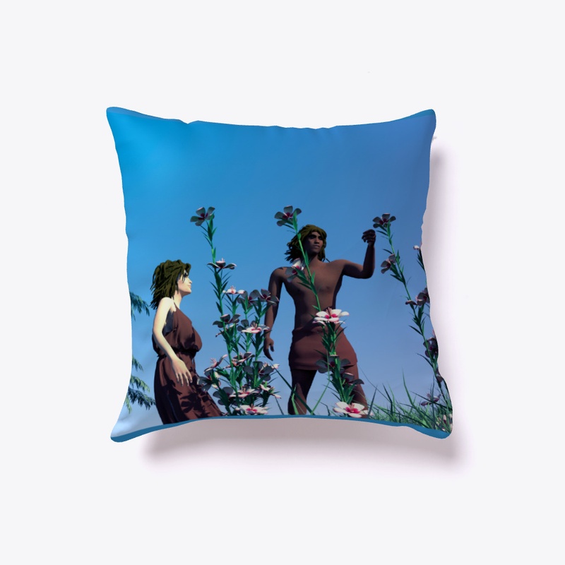 Adam and Eve looking at some flowers