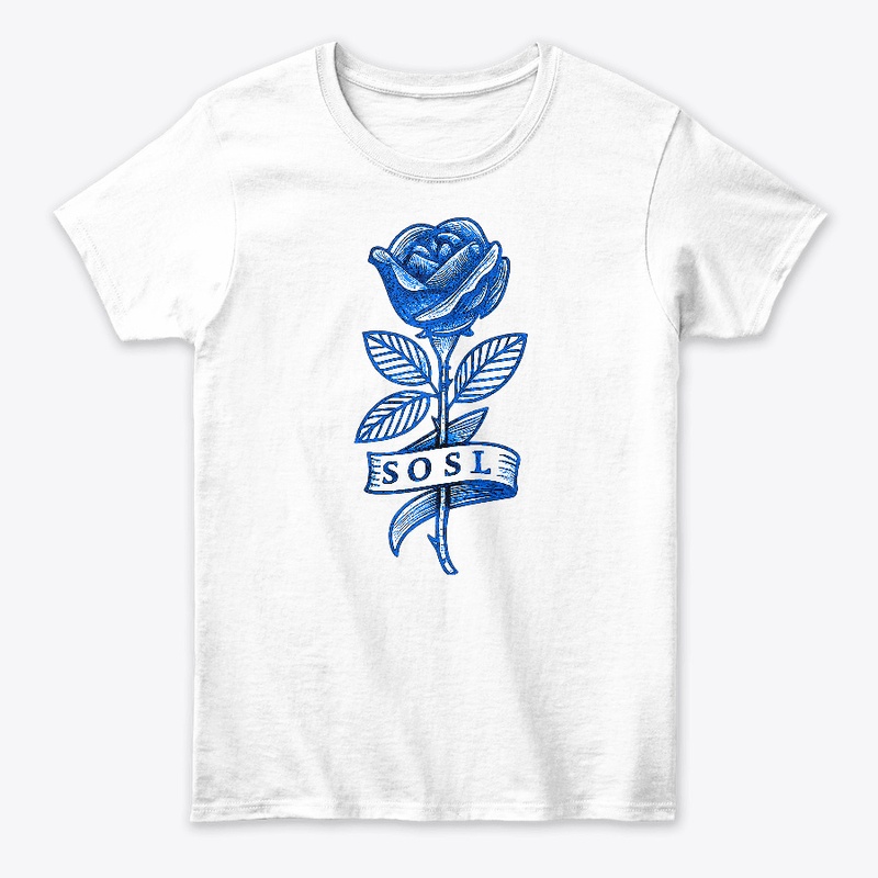 Single rose womens tee in pottery blue