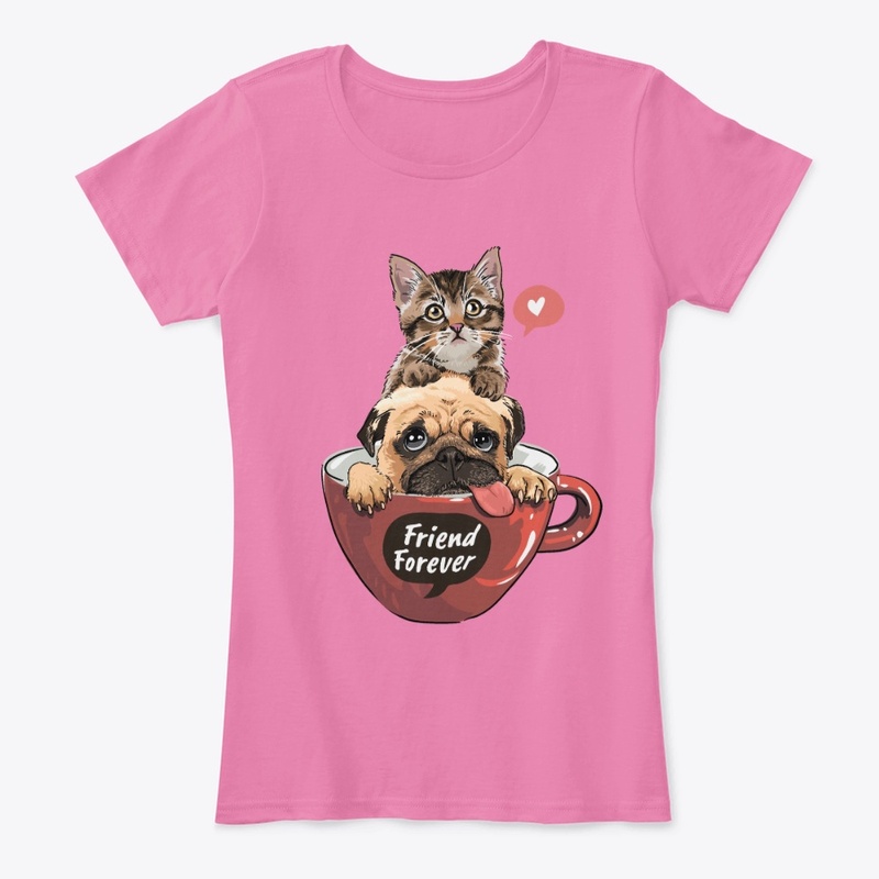 Kitten and pug dog sitting in a cup