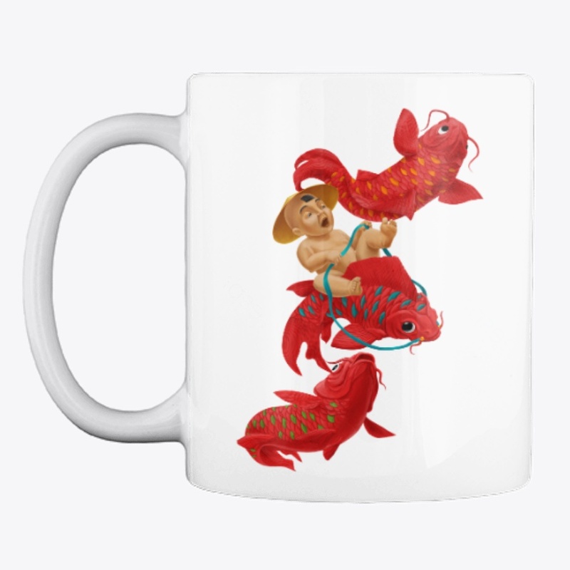 Chinese boy riding a fish