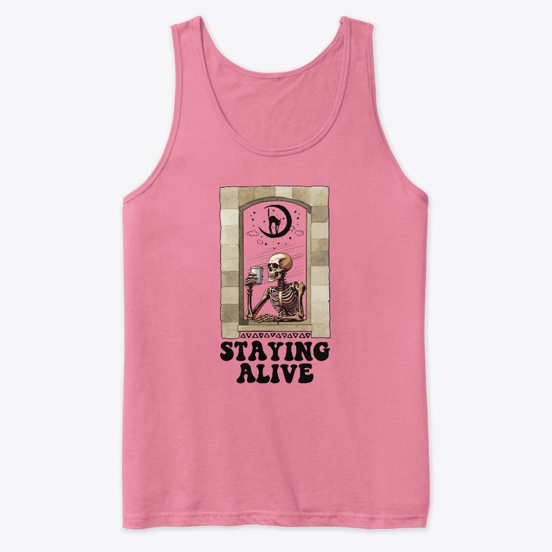 Staying Alive Skeleton Drinking Coffee