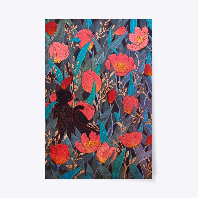 Black cat and tulips