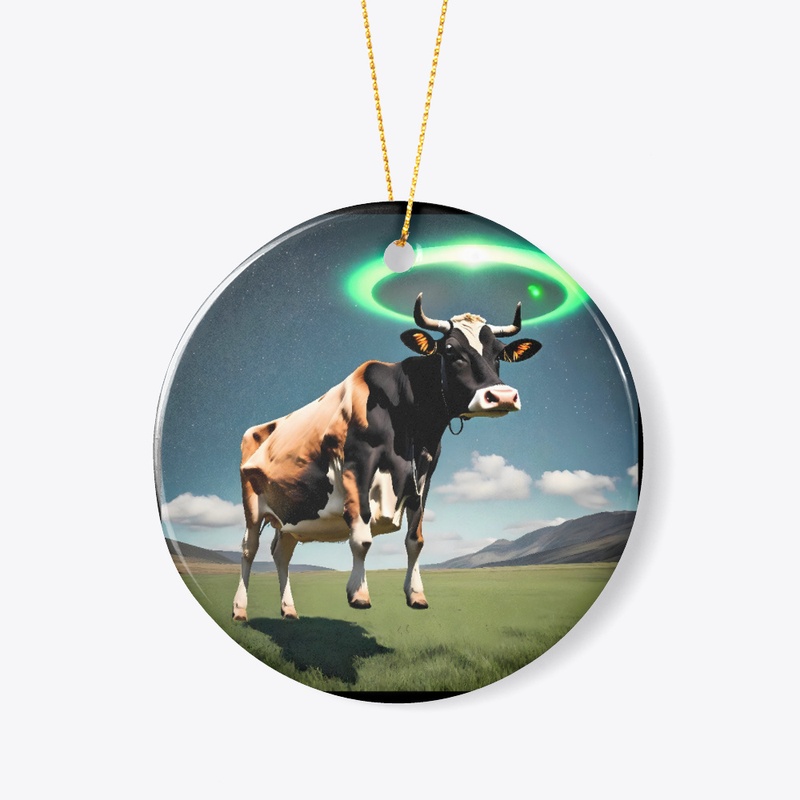 A cow being levitated by a spacecraft