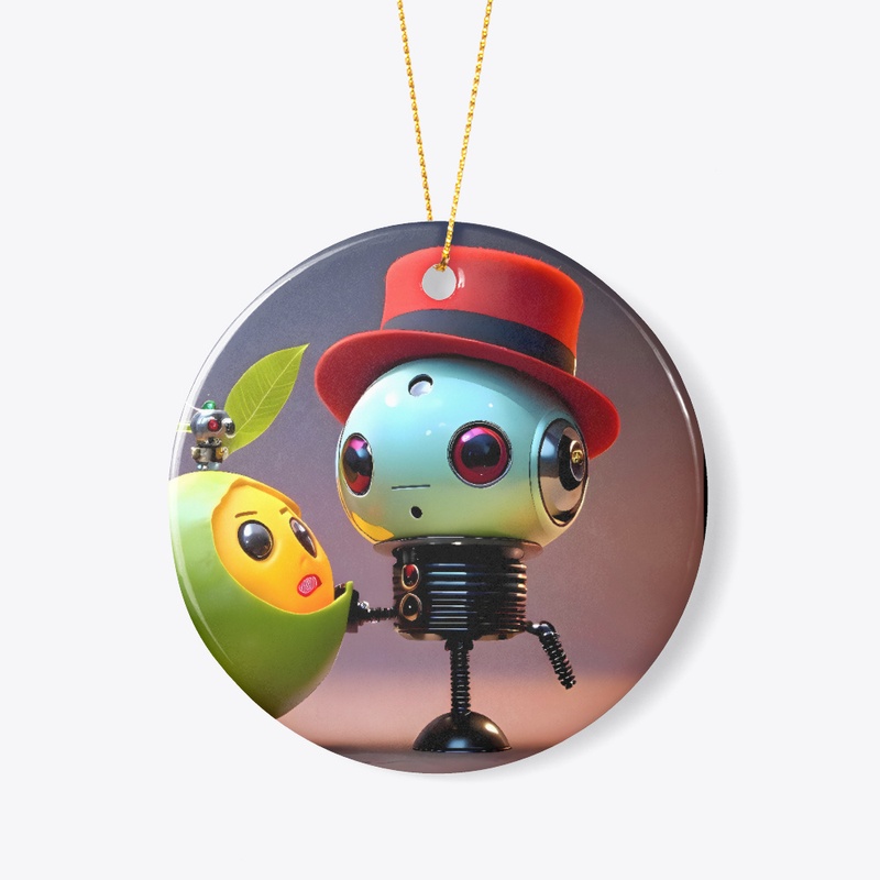 A mango with a robot with a top hat