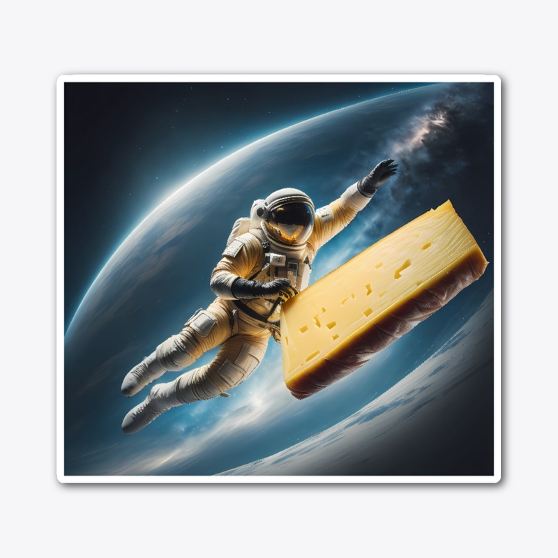 A spaceman chasing a piece of cheese