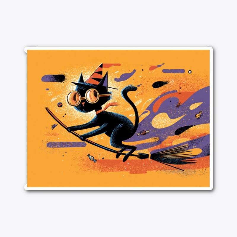 Halloween Cat on Broomstick Art