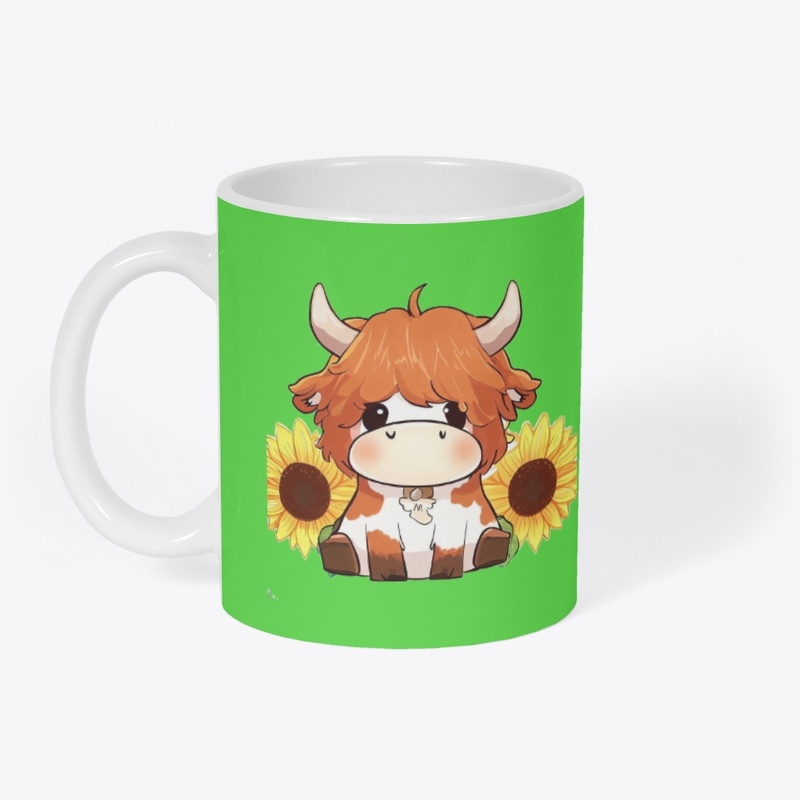 Shaggy cow and sunflowers