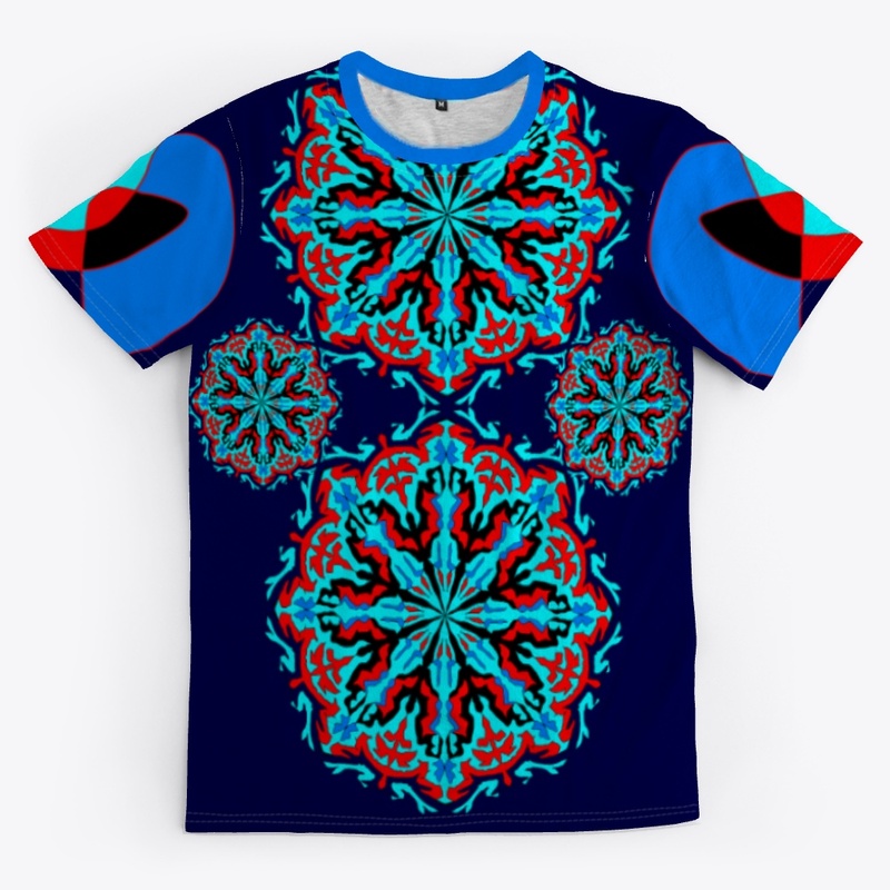 T shirt:blue,aqua, black and red.