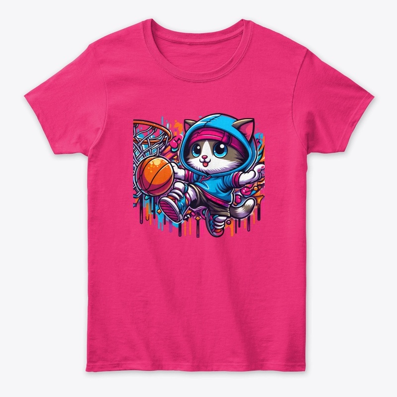 Chibi hooded cat playing basketball