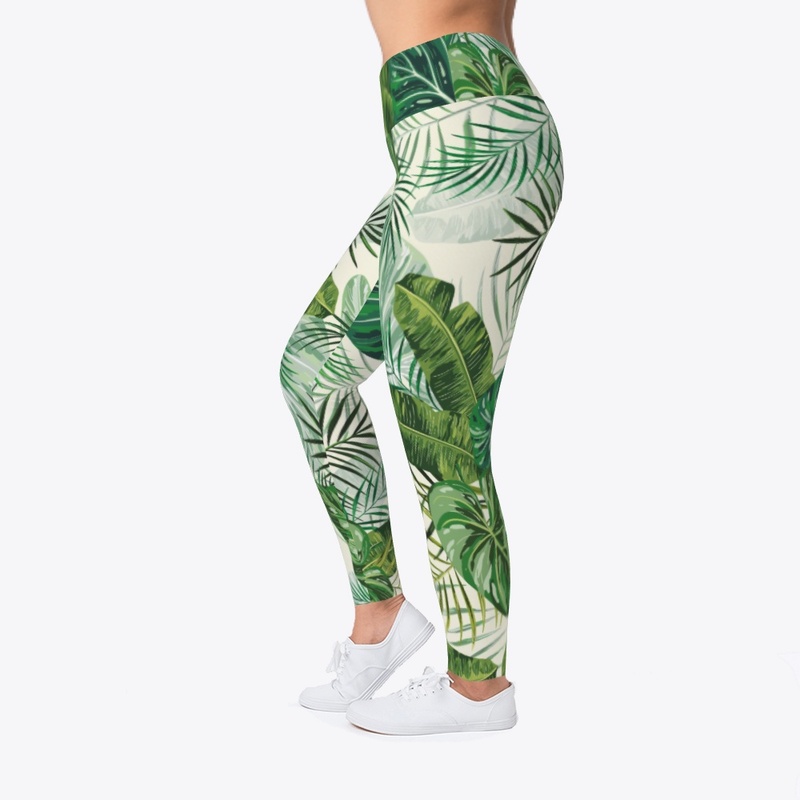 Leggings Tropical Cream & Green Leaves