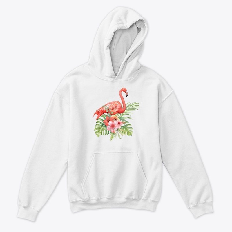 Watercolor flamingo in hibiscus bouquet