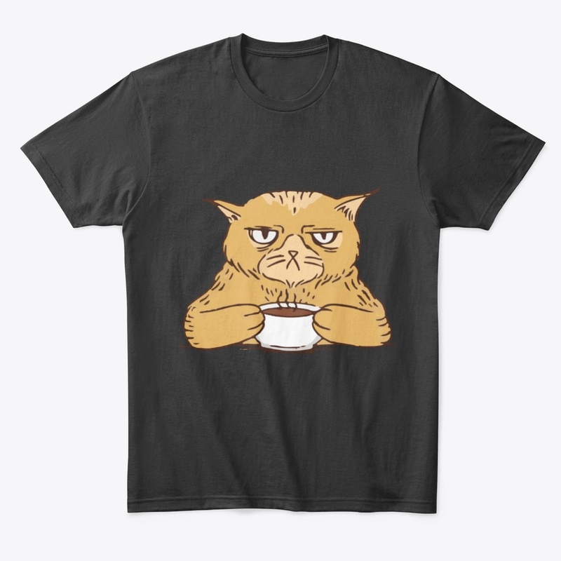 A sleepy cat drinks coffee