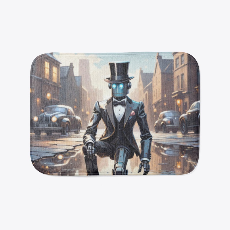 A robot in a tuxedo and a bowler hat