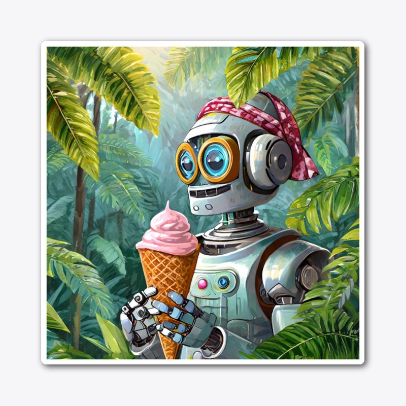 Robot eating icecream in the jungle
