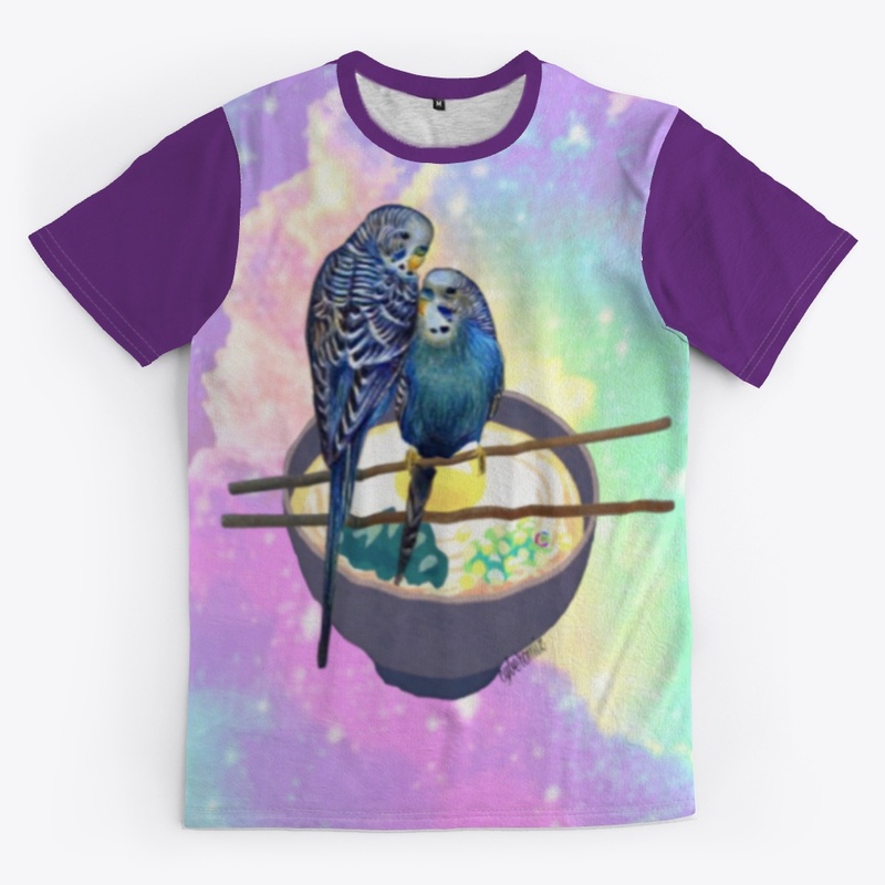 Two budgies on bowl of ramen 