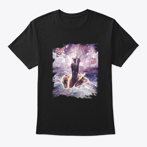 Space Pug Riding Alpaca Unicorn   Pizza  Black T-Shirt Front