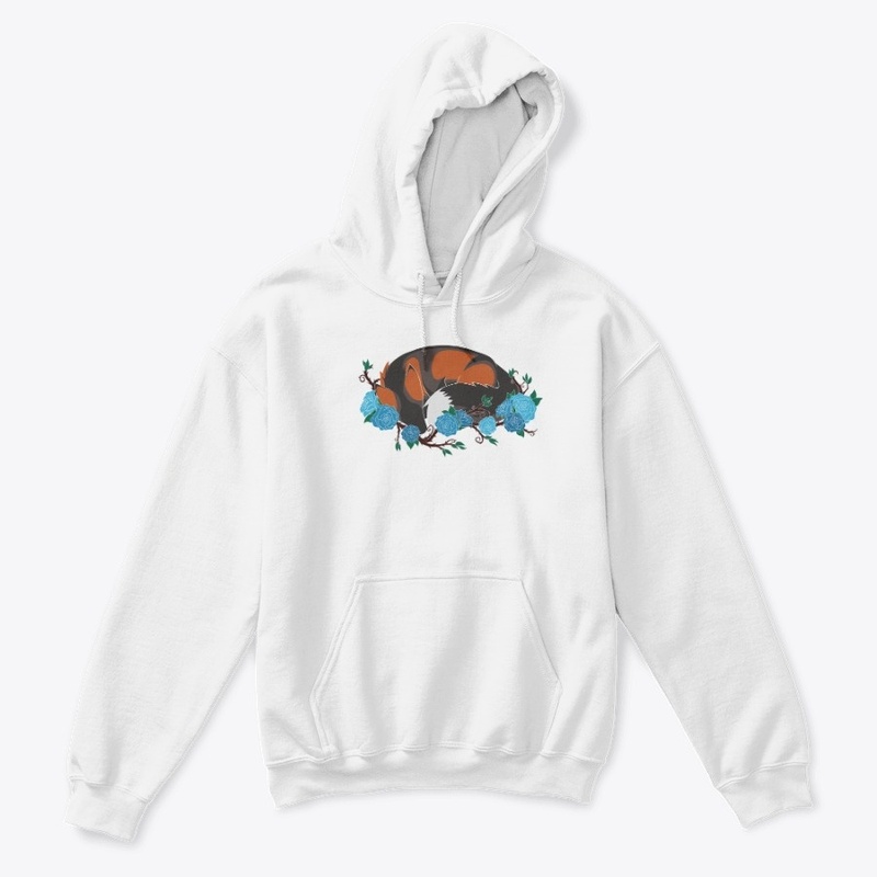 Laying fox with blue roses