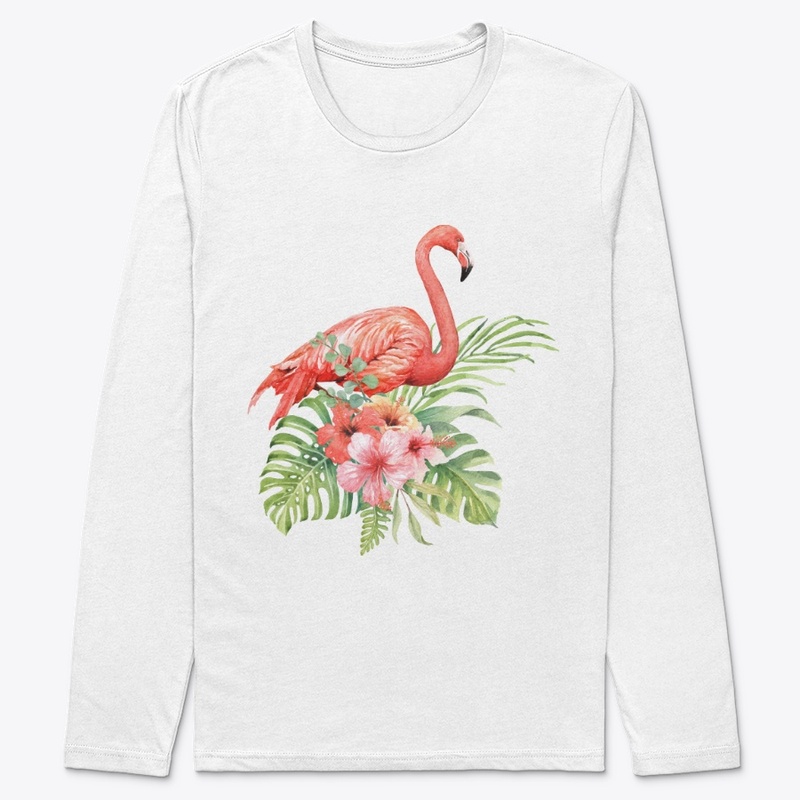 Watercolor flamingo in hibiscus bouquet