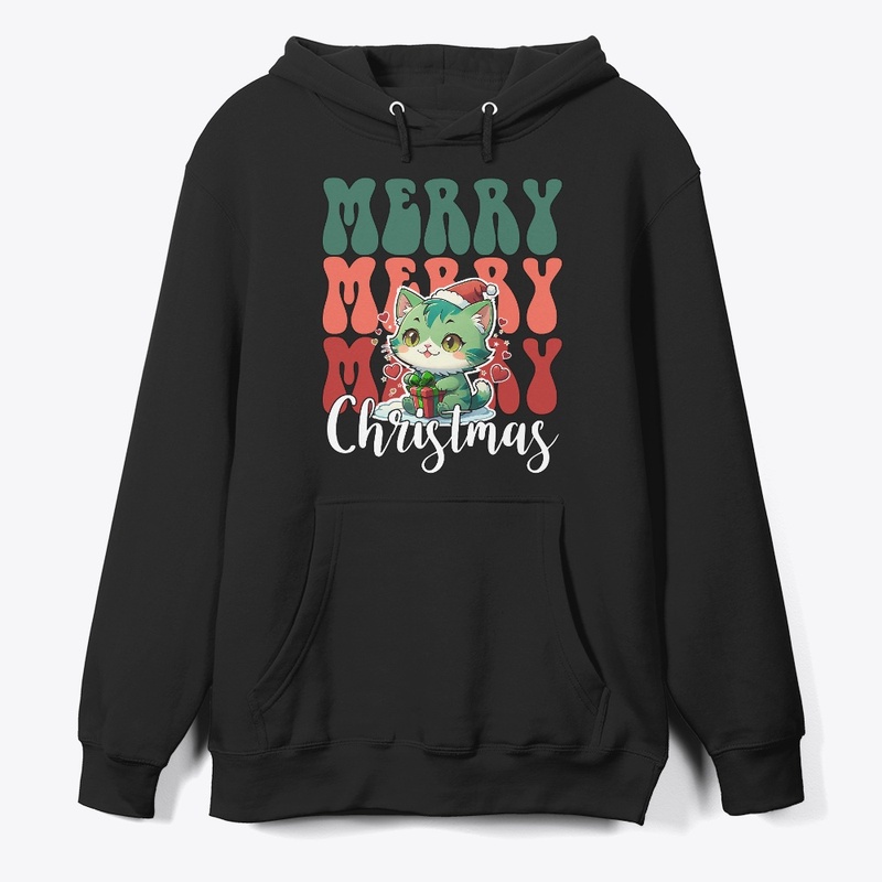 Retro Merry Christmas, green cat