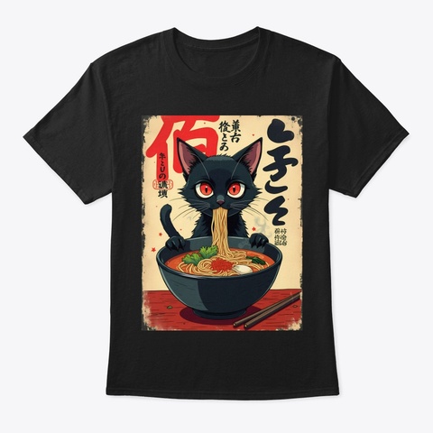 Ramen Noodles Cat Kawaii Retro Anime Black T-Shirt Front