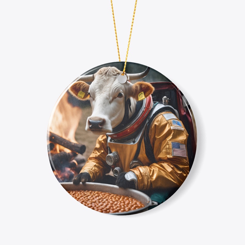 A cow eating baked beans