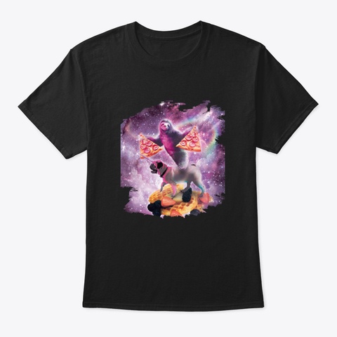 Space Pizza Sloth On Pug Unicorn On Waff Black T-Shirt Front