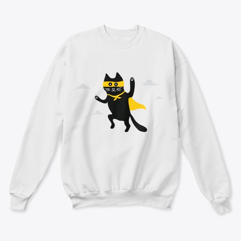 cat superhero is flying in the sky