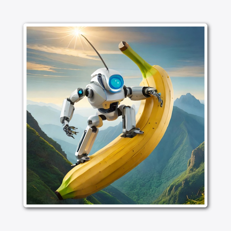 A robot riding a banana