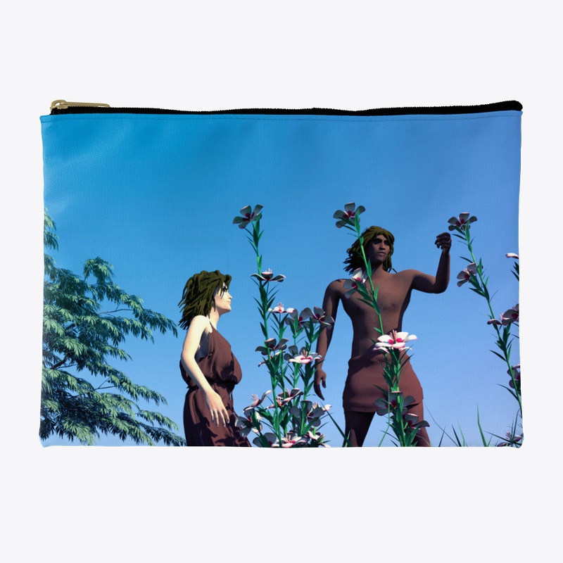 Adam and Eve looking at some flowers