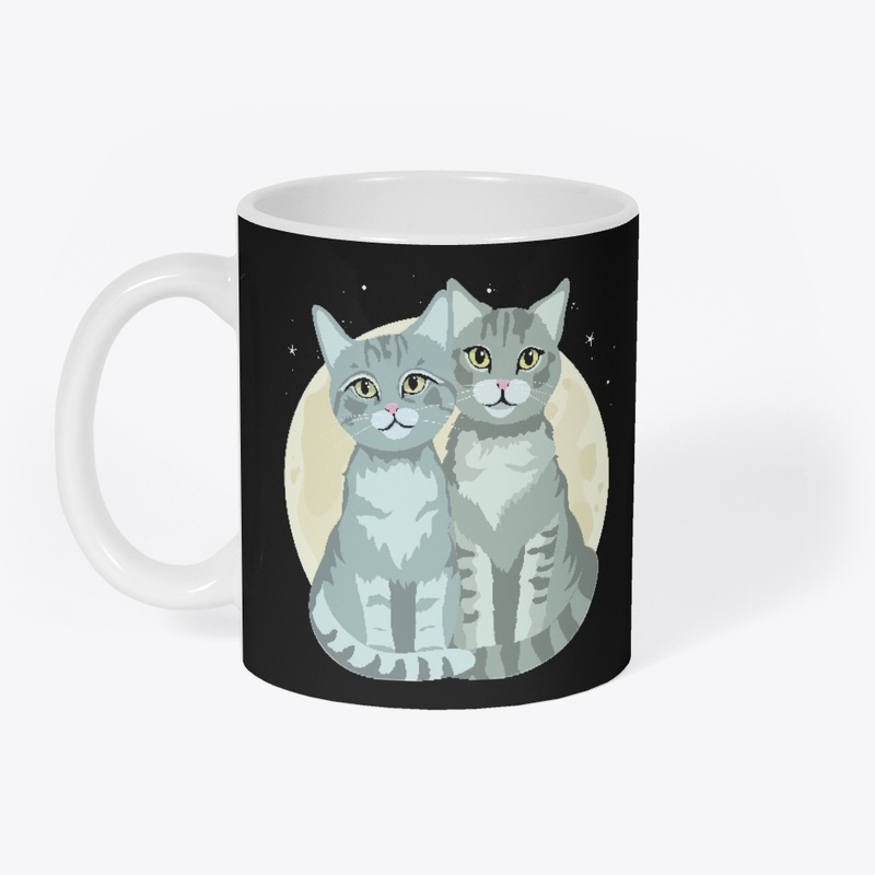 Two Cute Grey Cats and the Moon