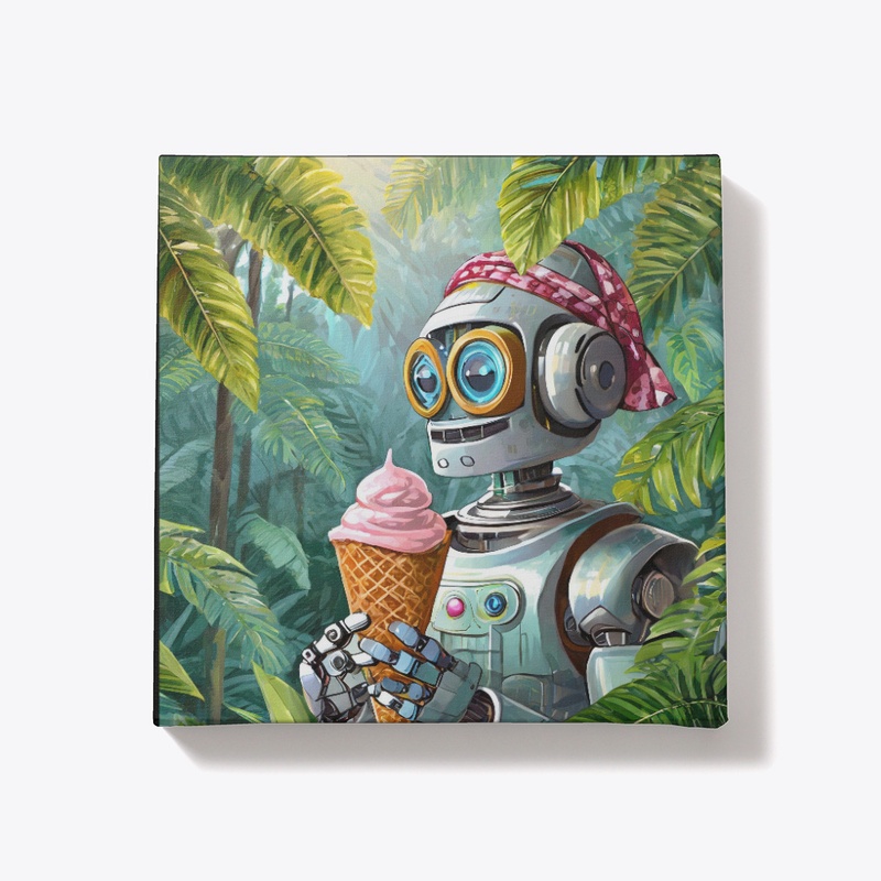 Robot eating icecream in the jungle