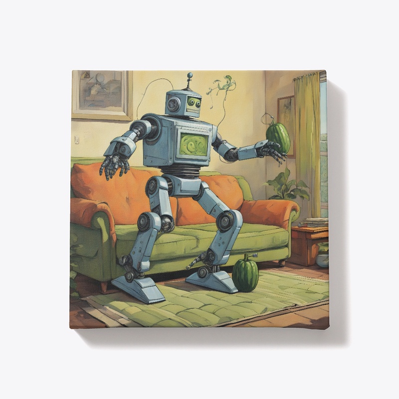 A robot holding a cucumber