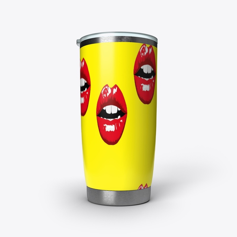 Red glossy lips on yellow