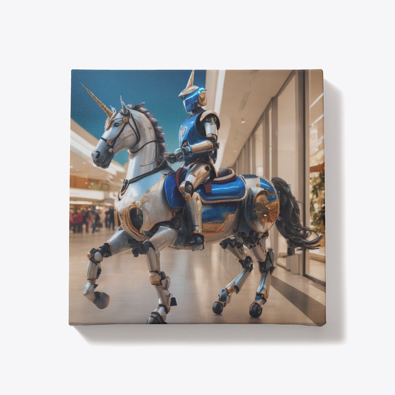A robot on a unicorn