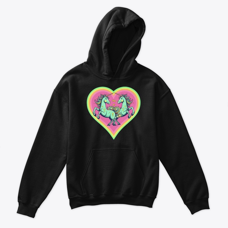 Two unicorns, stars in rainbow heart