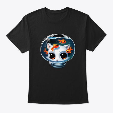 Space Cat And Fish Black T-Shirt Front