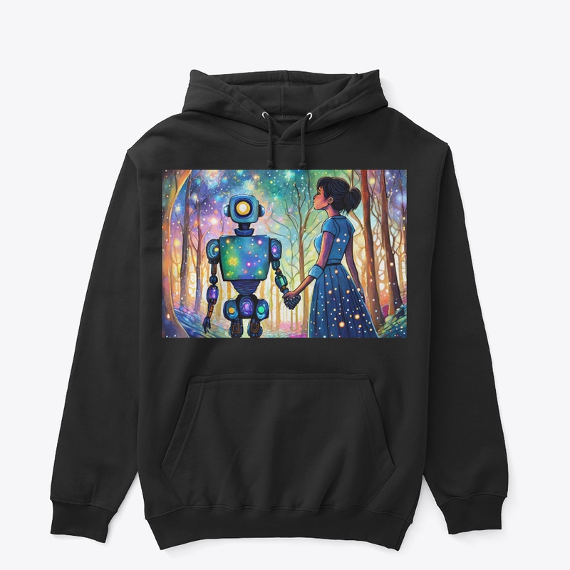Robot and woman holding hands