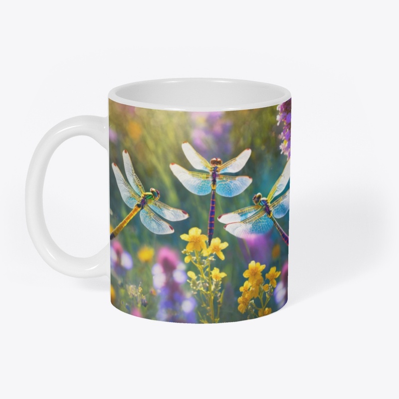 Dragonflies in meadow of colorful flower