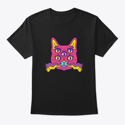 Trippy Cat   Cool Psychedelic Illustrati Black T-Shirt Front
