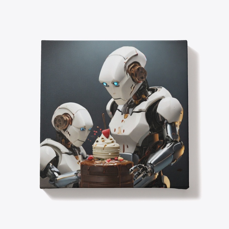 Two robots staring at a cake