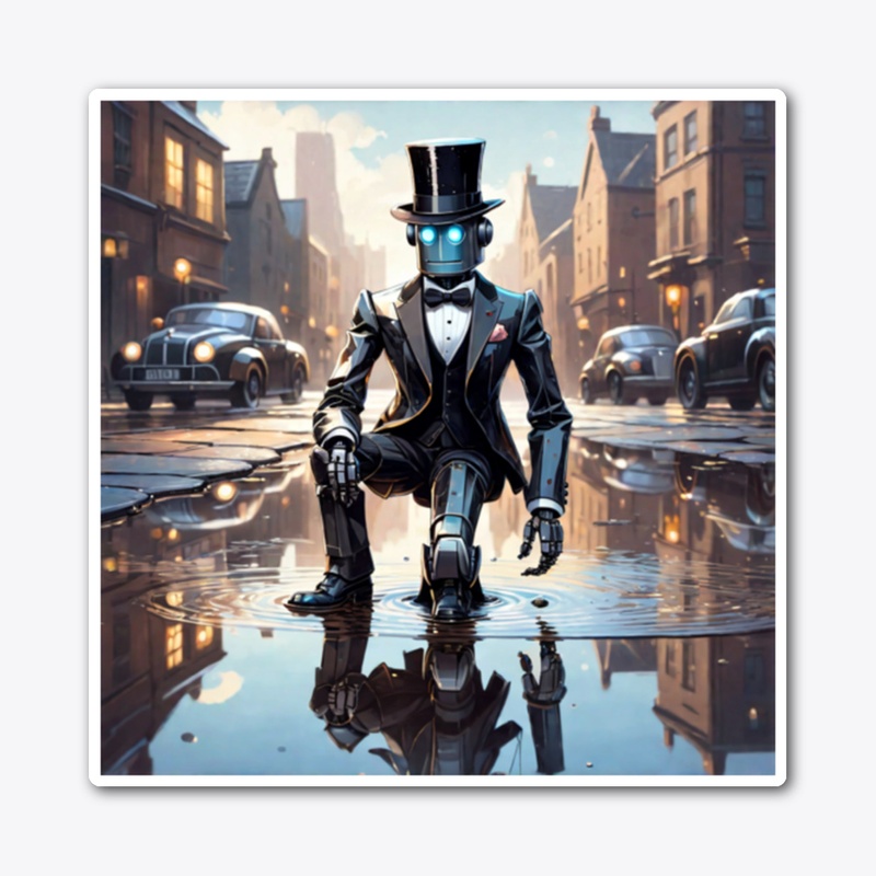 A robot in a tuxedo and a bowler hat