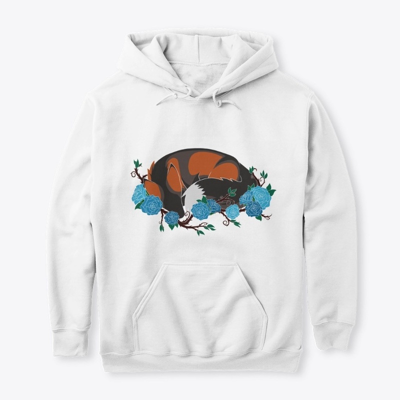 Laying fox with blue roses