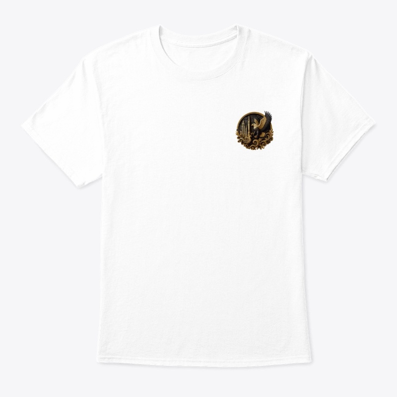 t-shirt features eagle the city skyline.