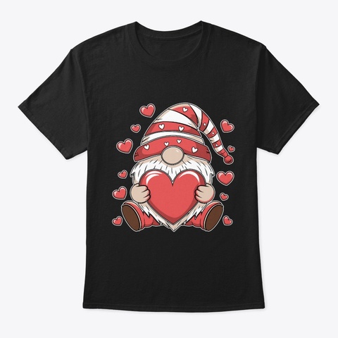 Valentine's Day Gnome Love Holding Heart Black T-Shirt Front